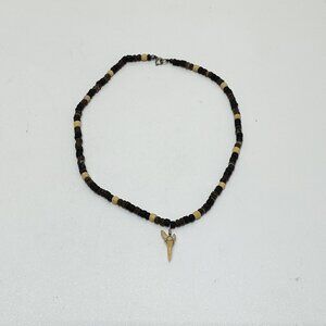 Shark Tooth Surfer Necklace Coconut Beads Natural Shell Black Stone Handmade VTG
